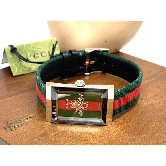 Gucci Women's Watch YA147408 G-Frame Green Red Dial Swiss Quartz Tank Nylon Band - Picture 9 of 15